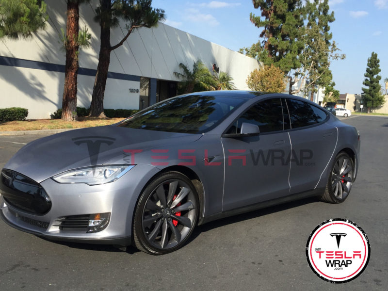 Tesla Model S with a black and grey vinyl wrap