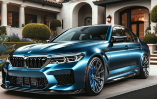 BMW m5 wrapped in metallic blue